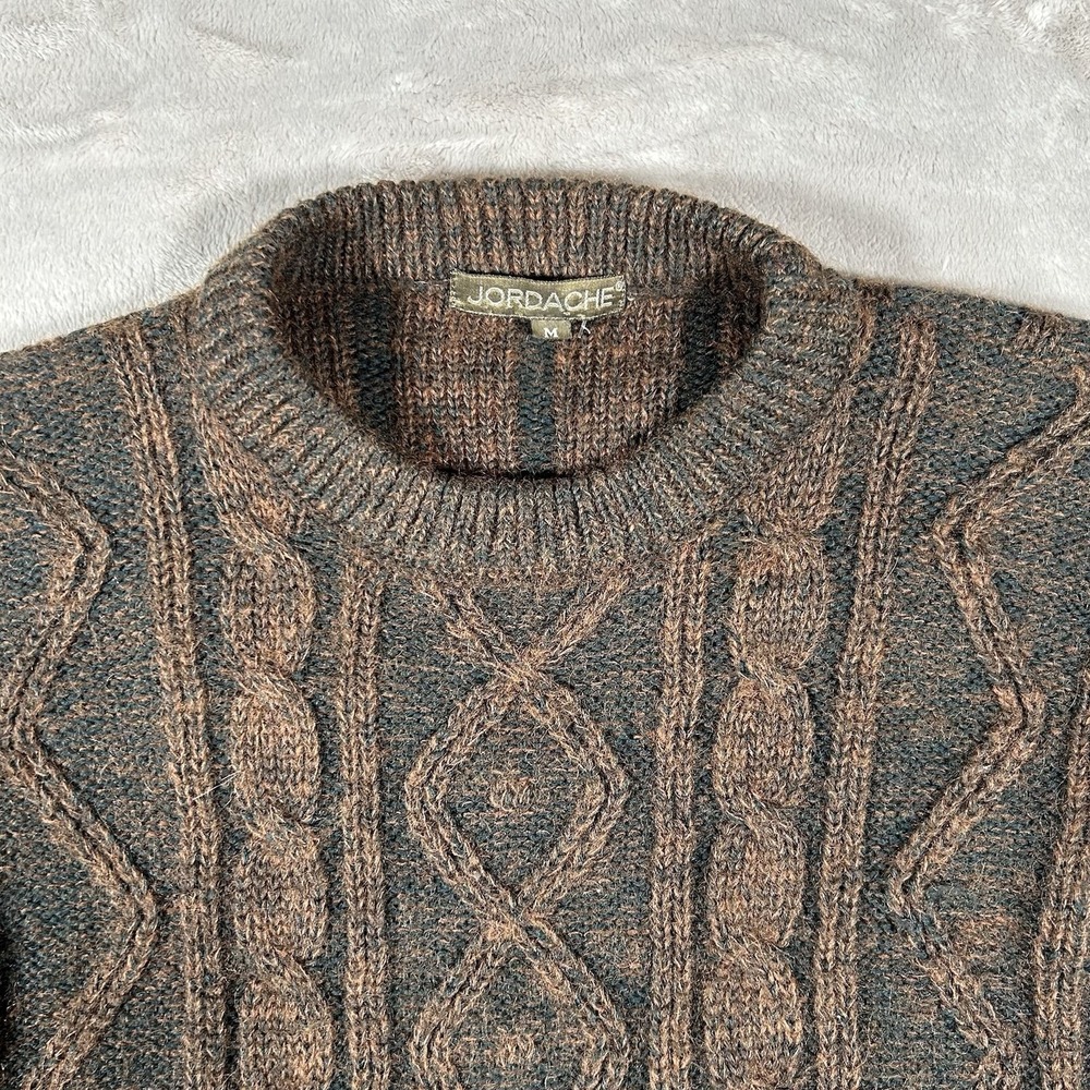 VTG Jordache Cable Knit Sweater Mens M Brown Mohair Wool Coogi-Style 3D Textured - Picture 6 of 15